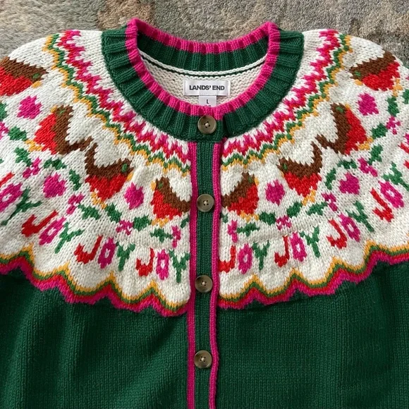 ❌SOLD❌Lands' End Women's Lofty Birdseye Fair Isle Cardigan Sweater Size Large - Picture 6 of 8